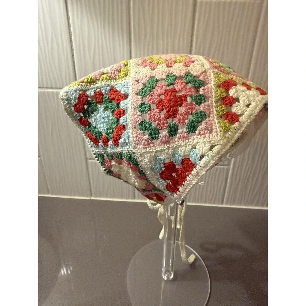 Handmade Crochet Granny Square Bandana Kerchief Scarf Cottagecore Boho Tie Back